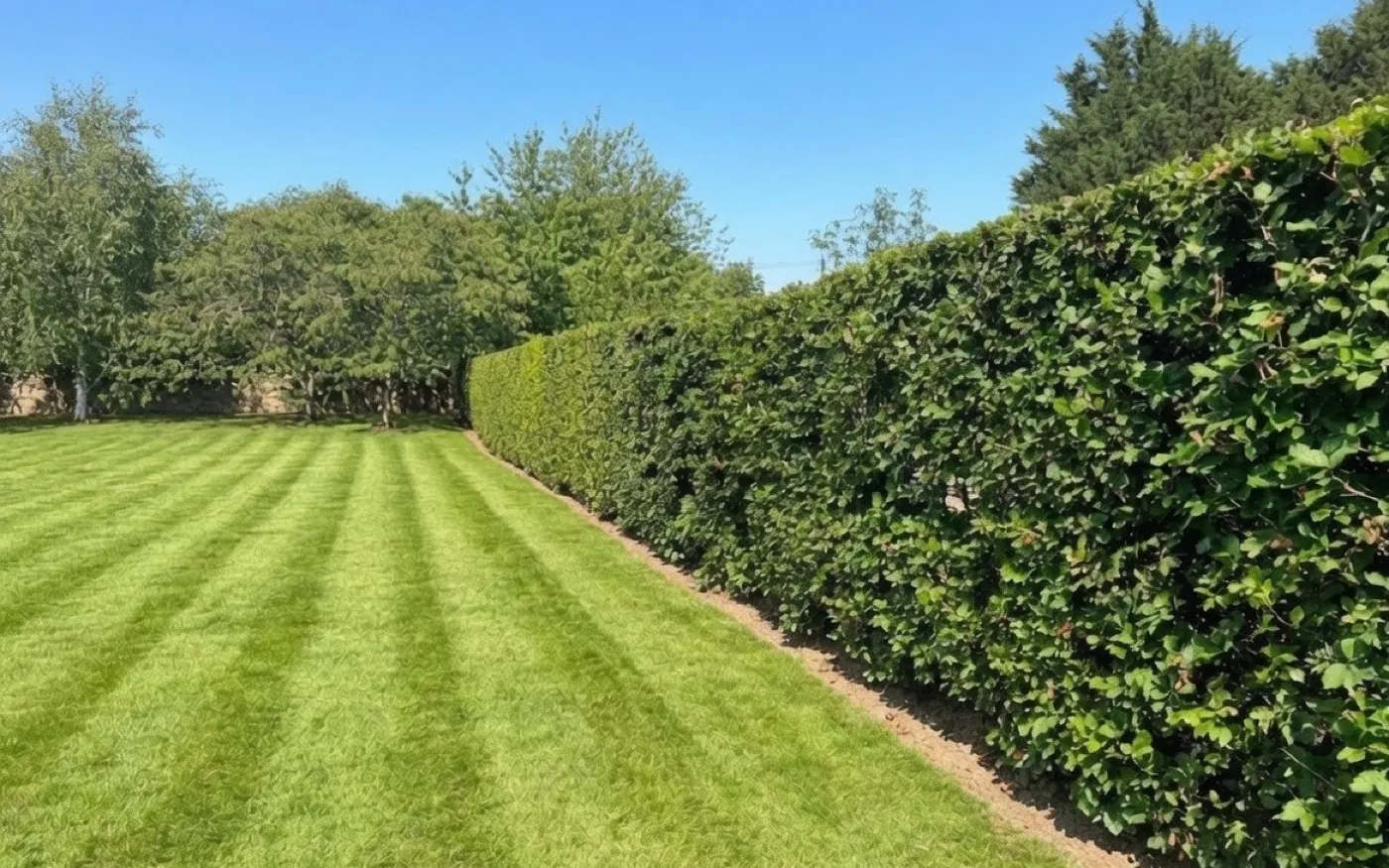 An established beech hedge screening a striped lawn
